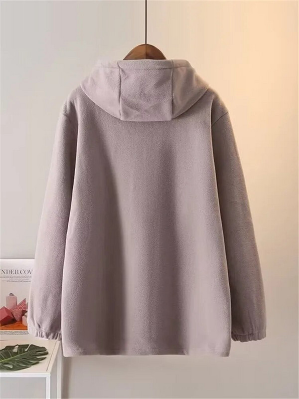 Nagy méretű női őszi és téli kapucnis dzseki, hosszú ujjú, kétoldalas plüss szövetből készült pulóver zsebes, cipzáras kardigánnal