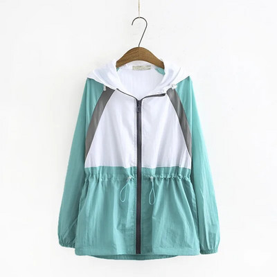 Liela izmēra sieviešu apģērbs Vasaras plāns ikdienas jaka Kontrastkrāsas jaka ar kapuci ar rāvējslēdzēju un jostasvietā ir aukliņa