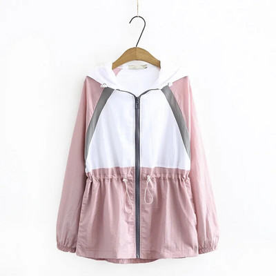 Liela izmēra sieviešu apģērbs Vasaras plāns ikdienas jaka Kontrastkrāsas jaka ar kapuci ar rāvējslēdzēju un jostasvietā ir aukliņa