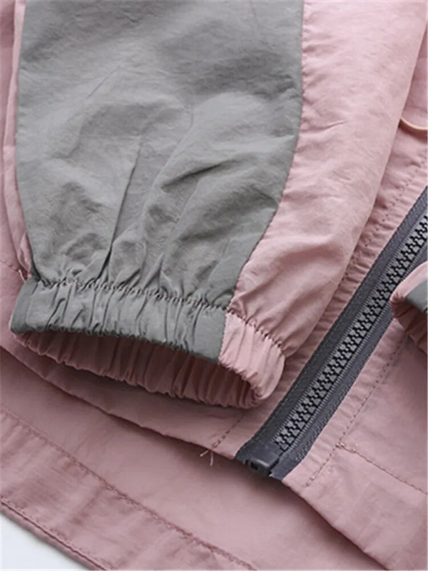 Liela izmēra sieviešu apģērbs Vasaras plāns ikdienas jaka Kontrastkrāsas jaka ar kapuci ar rāvējslēdzēju un jostasvietā ir aukliņa