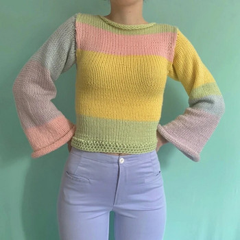 Γυναικεία μακρυμάνικα Crop Top Crochet Knit Color Block πουλόβερ πουλόβερ πουλόβερ φαρδιά πουκάμισα Patchwork 90S Streetwear