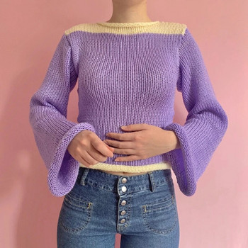 Дамски топ с дълги ръкави, плетени на една кука, плетени пуловери с цветни блокове, свободни ризи с пачуърк от 90-те години