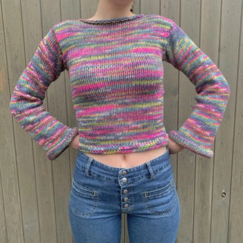 Дамски топ с дълги ръкави, плетени на една кука, плетени пуловери с цветни блокове, свободни ризи с пачуърк от 90-те години