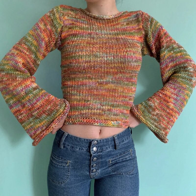 Γυναικεία μακρυμάνικα Crop Top Crochet Knit Color Block πουλόβερ πουλόβερ πουλόβερ φαρδιά πουκάμισα Patchwork 90S Streetwear