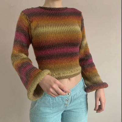 Γυναικεία μακρυμάνικα Crop Top Crochet Knit Color Block πουλόβερ πουλόβερ πουλόβερ φαρδιά πουκάμισα Patchwork 90S Streetwear