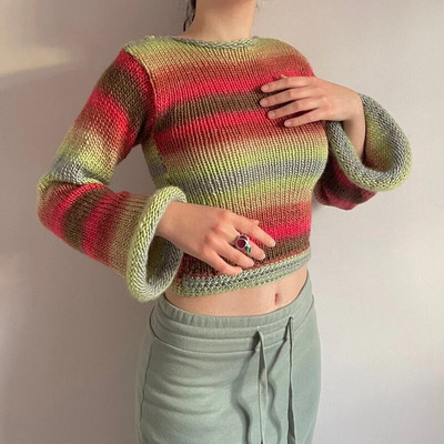 Γυναικεία μακρυμάνικα Crop Top Crochet Knit Color Block πουλόβερ πουλόβερ πουλόβερ φαρδιά πουκάμισα Patchwork 90S Streetwear