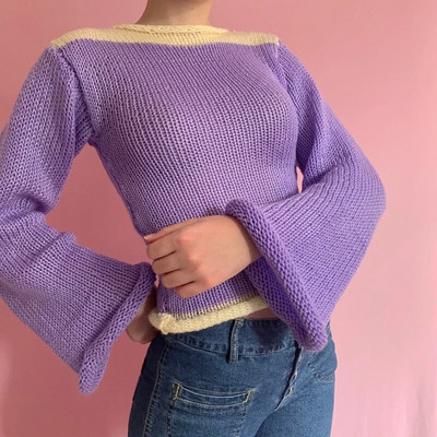 Γυναικεία μακρυμάνικα Crop Top Crochet Knit Color Block πουλόβερ πουλόβερ πουλόβερ φαρδιά πουκάμισα Patchwork 90S Streetwear