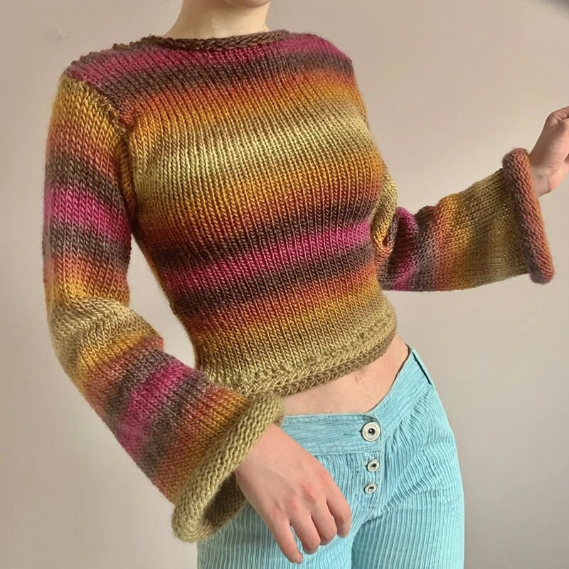 Γυναικεία μακρυμάνικα Crop Top Crochet Knit Color Block πουλόβερ πουλόβερ πουλόβερ φαρδιά πουκάμισα Patchwork 90S Streetwear