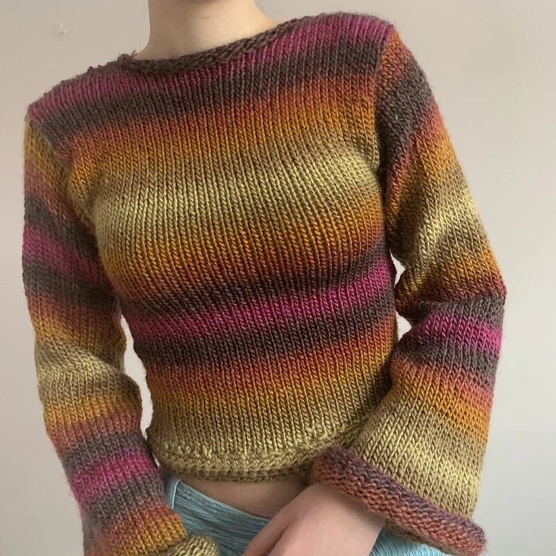 Γυναικεία μακρυμάνικα Crop Top Crochet Knit Color Block πουλόβερ πουλόβερ πουλόβερ φαρδιά πουκάμισα Patchwork 90S Streetwear