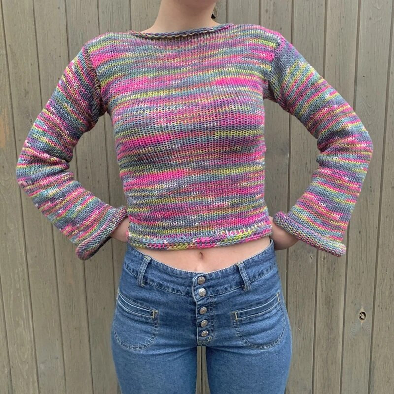 Γυναικεία μακρυμάνικα Crop Top Crochet Knit Color Block πουλόβερ πουλόβερ πουλόβερ φαρδιά πουκάμισα Patchwork 90S Streetwear