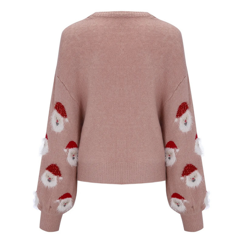Ružičasti ženski ružan božićni džemper Slatki pleteni džemper s uzorkom Djeda Mraza Jesen Zima Pletena odjeća s dugim rukavima Božićni pulover