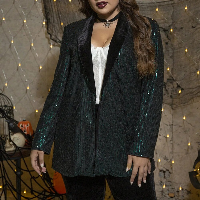 Liela izmēra sieviešu modes žakete Modes daudzpusīgi fliteri atloks ar garām piedurknēm jaka Liela izmēra dāmu vienkrāsaini eleganti uzvalku topi