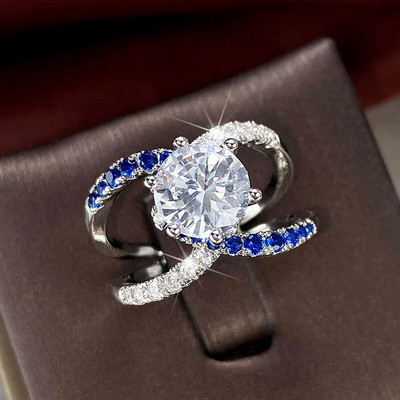 Huitan Vintage Μπλε Κυβικά Ζιργκόν Δαχτυλίδι για Γυναικείες Λαμπερές Βέρες Γάμου Αξεσουάρ Γυναικεία δαχτυλίδια Επετειακό κοσμήματα για πάρτι