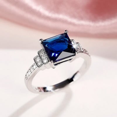 Huitan Vintage Μπλε Κυβικά Ζιργκόν Δαχτυλίδι για Γυναικείες Λαμπερές Βέρες Γάμου Αξεσουάρ Γυναικεία δαχτυλίδια Επετειακό κοσμήματα για πάρτι