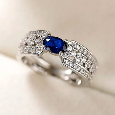 Huitan Vintage Μπλε Κυβικά Ζιργκόν Δαχτυλίδι για Γυναικείες Λαμπερές Βέρες Γάμου Αξεσουάρ Γυναικεία δαχτυλίδια Επετειακό κοσμήματα για πάρτι