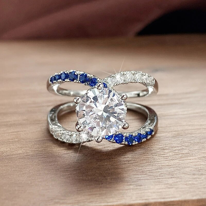 Huitan Vintage Μπλε Κυβικά Ζιργκόν Δαχτυλίδι για Γυναικείες Λαμπερές Βέρες Γάμου Αξεσουάρ Γυναικεία δαχτυλίδια Επετειακό κοσμήματα για πάρτι
