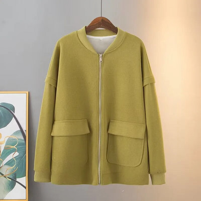 Liela izmēra sieviešu apģērbu statīva apkakle pavasara un rudens mētelis ar garām piedurknēm ikdienas jaka ar rāvējslēdzējiem un kabatām krūtīgai dāmai