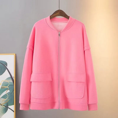 Liela izmēra sieviešu apģērbu statīva apkakle pavasara un rudens mētelis ar garām piedurknēm ikdienas jaka ar rāvējslēdzējiem un kabatām krūtīgai dāmai