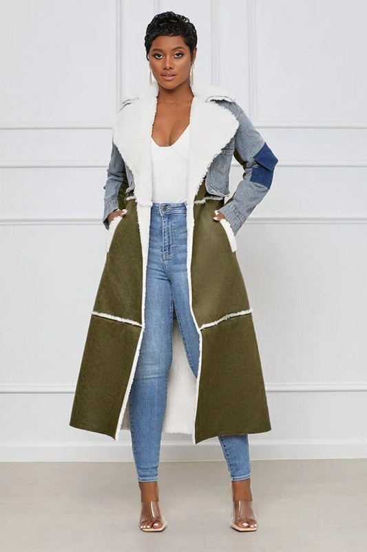 Liela izmēra sieviešu mētelis Ziemas nolaižama apkakle, savārstīta džinsa mežģīņu jostas kabatas Sieviešu ikdienas ielas apģērba mētelis