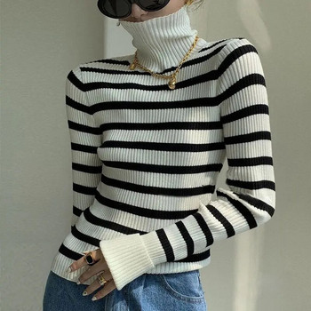 Ριγέ πουλόβερ με ζιβάγκο για γυναίκες Λεπτά πουλόβερ Κομψά φθινοπωρινά μακρυμάνικα Свитер Ropa Mujer Κορεατικά πλεκτά ρούχα