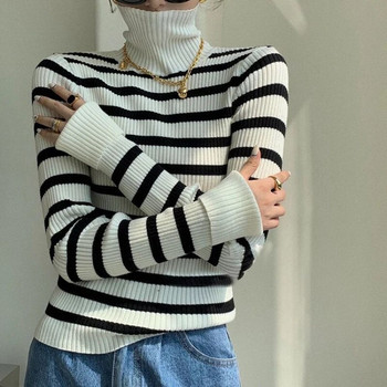 Ριγέ πουλόβερ με ζιβάγκο για γυναίκες Λεπτά πουλόβερ Κομψά φθινοπωρινά μακρυμάνικα Свитер Ropa Mujer Κορεατικά πλεκτά ρούχα