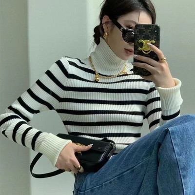 Svītrains džemperis ar apkakli sievietēm, tievi džemperi, eleganti rudens ar garām piedurknēm Свитер Ropa Mujer korejiešu modes trikotāžas apģērbs