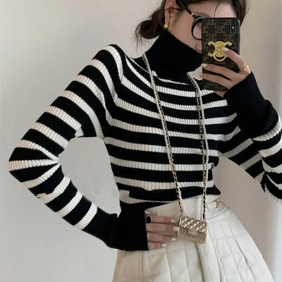 Svītrains džemperis ar apkakli sievietēm, tievi džemperi, eleganti rudens ar garām piedurknēm Свитер Ropa Mujer korejiešu modes trikotāžas apģērbs