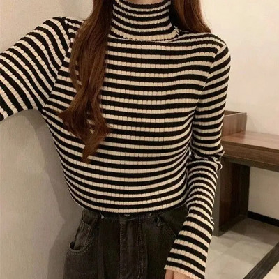 Svītrains džemperis ar apkakli sievietēm, tievi džemperi, eleganti rudens ar garām piedurknēm Свитер Ropa Mujer korejiešu modes trikotāžas apģērbs