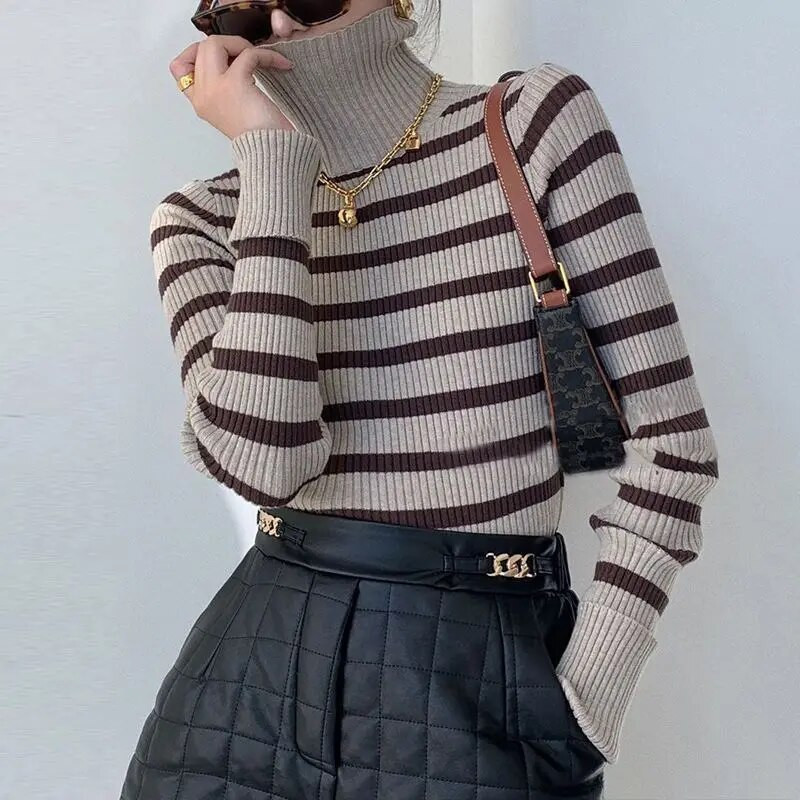 Svītrains džemperis ar apkakli sievietēm, tievi džemperi, eleganti rudens ar garām piedurknēm Свитер Ropa Mujer korejiešu modes trikotāžas apģērbs