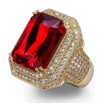 Fashion Iced Out Hip Hop Δαχτυλίδι Χρυσό Χρώμα Κυβικό Ζιργκόν Μεγάλη Κόκκινη Πέτρα Προσωπικότητα Μόδα Ανδρικά Γυναικεία Κοσμήματα Λάτρης Δώρο Z3C173