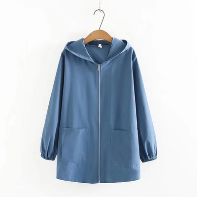 Liela izmēra sieviešu apģērbi pavasara un rudens vidēja garuma ikdienišķa jaka ar kapuci, rāvējslēdzēja stils vienkrāsains plāns ikdienas trenčs