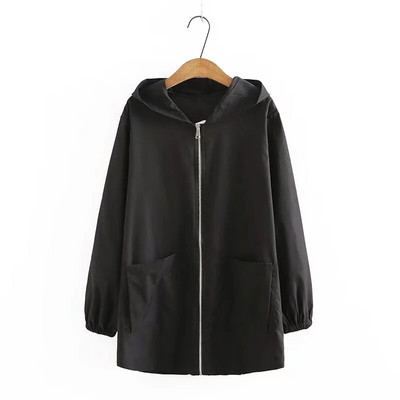 Liela izmēra sieviešu apģērbi pavasara un rudens vidēja garuma ikdienišķa jaka ar kapuci, rāvējslēdzēja stils vienkrāsains plāns ikdienas trenčs