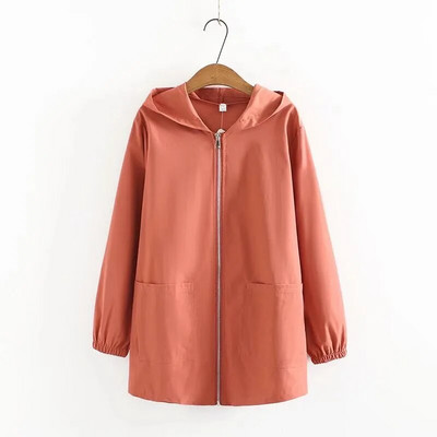 Liela izmēra sieviešu apģērbi pavasara un rudens vidēja garuma ikdienišķa jaka ar kapuci, rāvējslēdzēja stils vienkrāsains plāns ikdienas trenčs