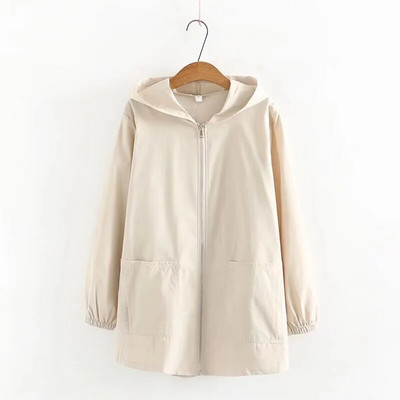 Liela izmēra sieviešu apģērbi pavasara un rudens vidēja garuma ikdienišķa jaka ar kapuci, rāvējslēdzēja stils vienkrāsains plāns ikdienas trenčs