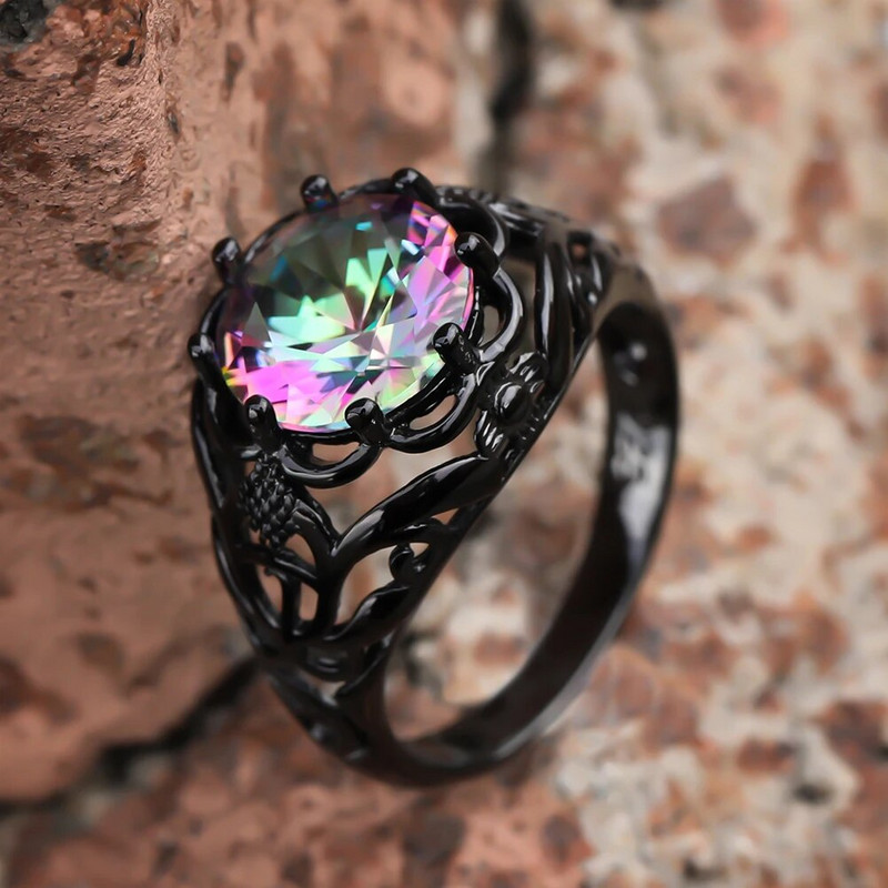 Boho zili violeti rozā sarkani akmens apaļas kāzu lentes sievietēm vīriešu varavīksnes cirkons melnā zelta krāsā saderināšanās gredzeni sievietēm vīriešiem