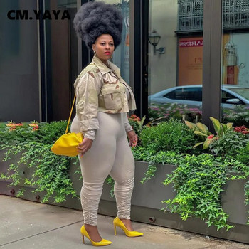 CM.YAYA Дамски якета с големи размери Камуфалжни прави свободни къси палта Дамска мода Улично облекло Ежедневно облекло Есенни топове 2021
