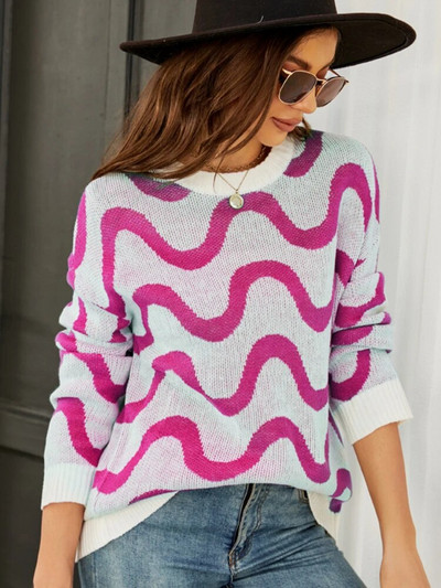 Sieviešu rozā gadījuma brīvs liela izmēra pulovera džemperis rudens zaļš modes garām piedurknēm Adīšana Harajuku svītru kontrasta džemperis