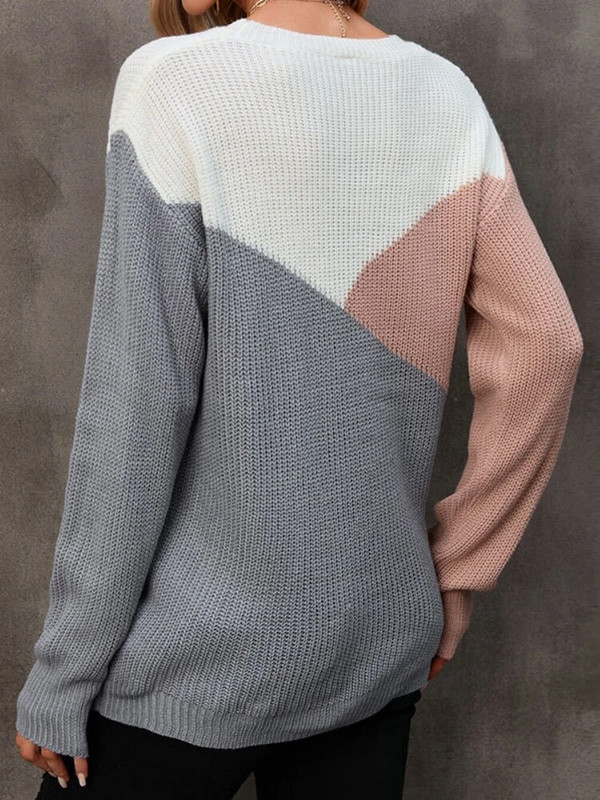 Sieviešu rozā ar garām piedurknēm O kakla adīts brīvs ģeometrisks krāsains džemperis džemperis rudens modes ikdienišķs lielizmēra Harajuku apģērbs