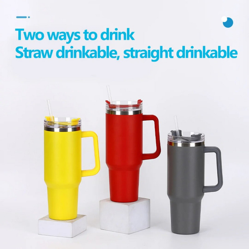Namų lauko gėrimų indai 40OZ didelės talpos nerūdijančio plieno kavos puodelis automobilyje šiaudų vakuuminėje kolboje nešiojamas vandens butelis su rankena