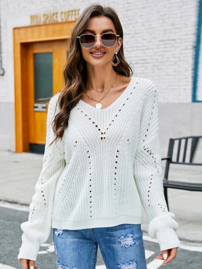 Pulover alb pentru femei, sexy, cu decolteu în V, cu mânecă lungă, tricotat, pulover, toamnă, iarnă, negru, supradimensionat, casual, Harajuku, pulover