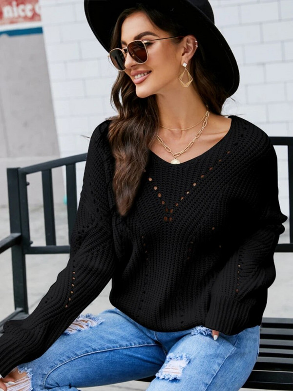 Pulover alb pentru femei, sexy, cu decolteu în V, cu mânecă lungă, tricotat, pulover, toamnă, iarnă, negru, supradimensionat, casual, Harajuku, pulover