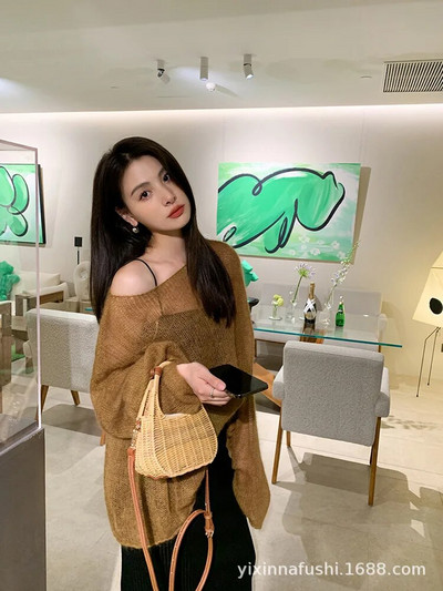 Női pulóver, egyszínű mohair pulóver, bő, túlméretezett szexi vállra üreges kötött, átlátszó Harajuku hosszú ujjú pulóver