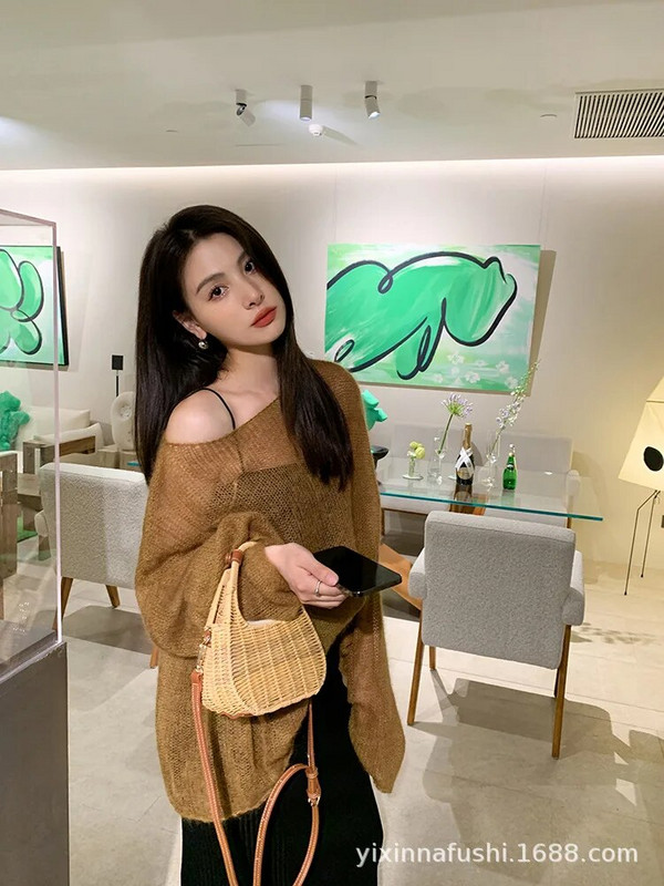 Női pulóver, egyszínű mohair pulóver, bő, túlméretezett szexi vállra üreges kötött, átlátszó Harajuku hosszú ujjú pulóver