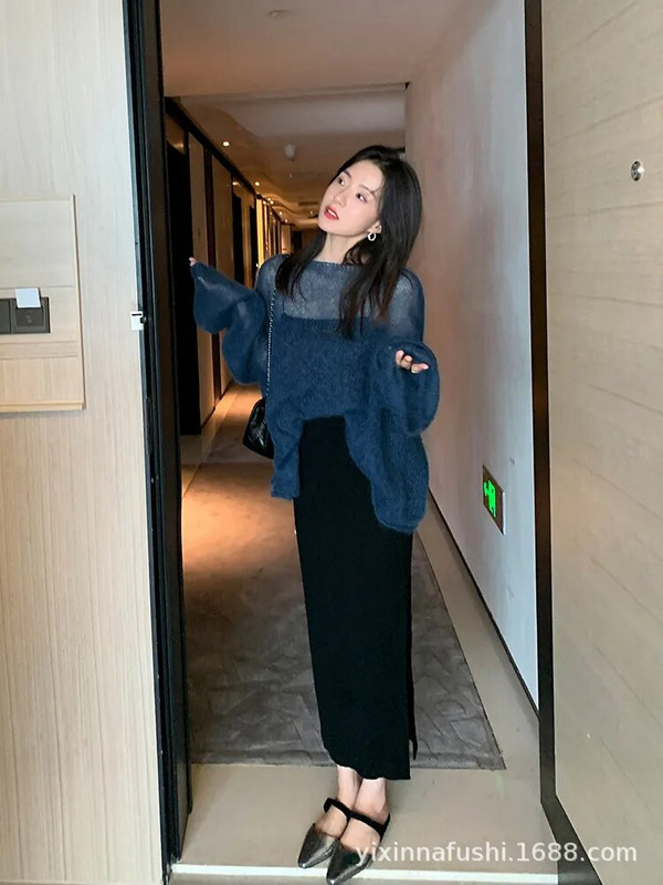 Női pulóver, egyszínű mohair pulóver, bő, túlméretezett szexi vállra üreges kötött, átlátszó Harajuku hosszú ujjú pulóver