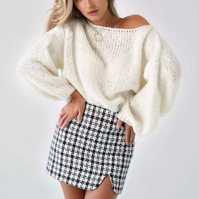 Sieviešu seksīgs, vienas līnijas kakla izgriezums, stingrs, brīvs trikotāžas džemperis ar garām piedurknēm, rudens modes ikdienišķs lielizmēra džemperis