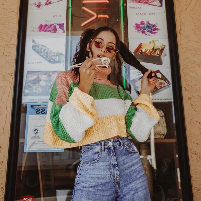 Női kötés, hosszú ujjú, bő, vágott, magas nyakú csíkos pulóver Őszi divat Oversize meleg Harajuku utcai ruhák