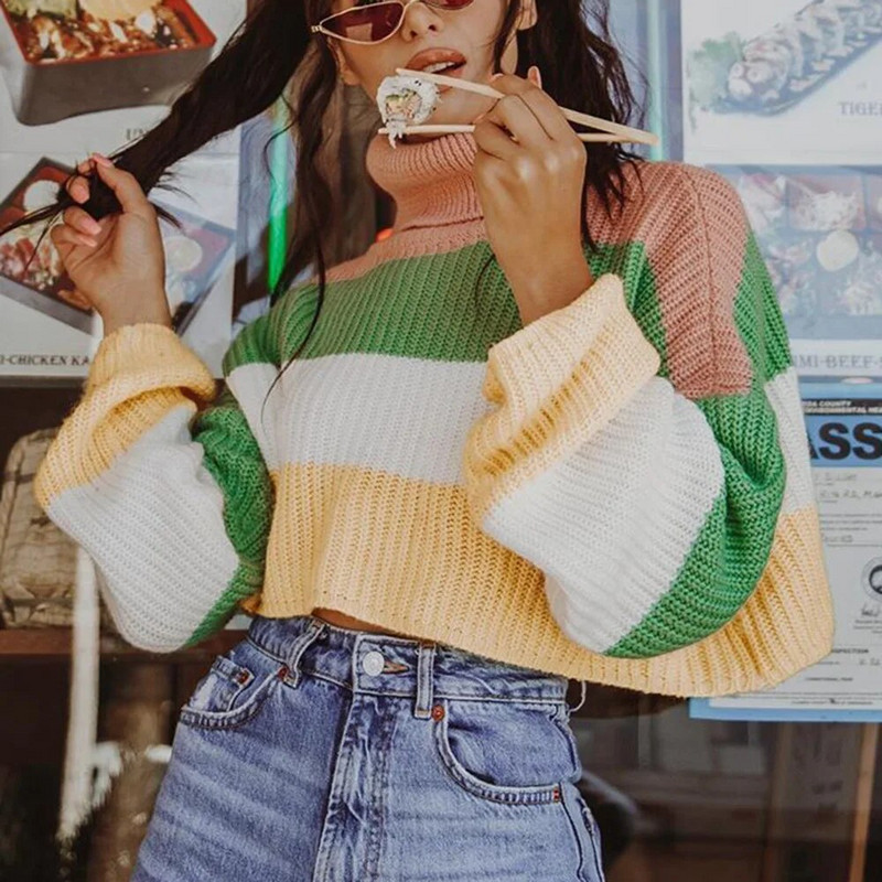 Női kötés, hosszú ujjú, bő, vágott, magas nyakú csíkos pulóver Őszi divat Oversize meleg Harajuku utcai ruhák