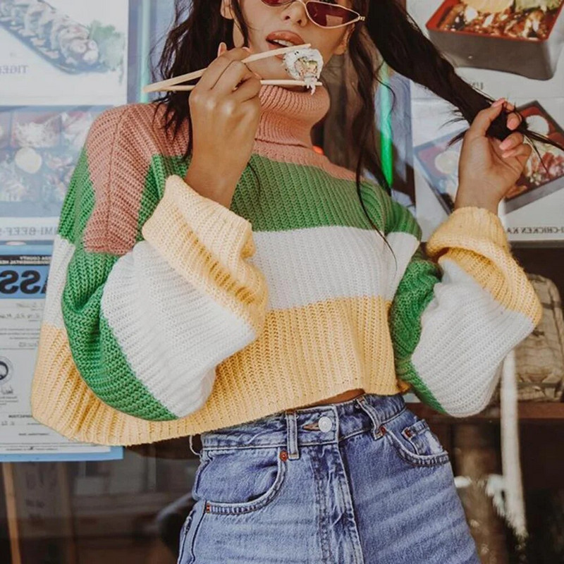 Női kötés, hosszú ujjú, bő, vágott, magas nyakú csíkos pulóver Őszi divat Oversize meleg Harajuku utcai ruhák