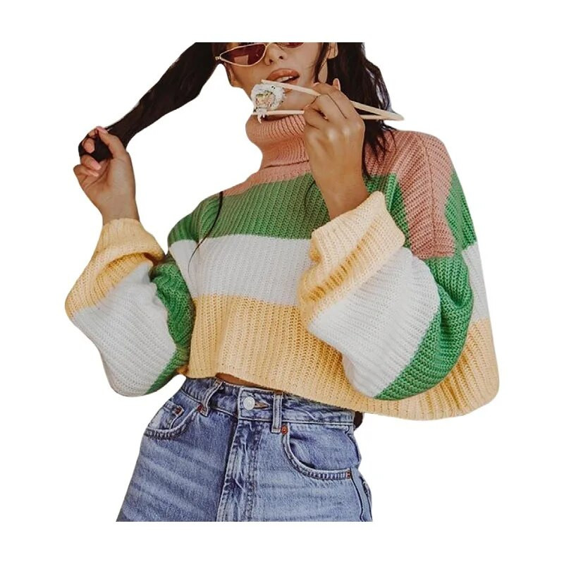 Női kötés, hosszú ujjú, bő, vágott, magas nyakú csíkos pulóver Őszi divat Oversize meleg Harajuku utcai ruhák