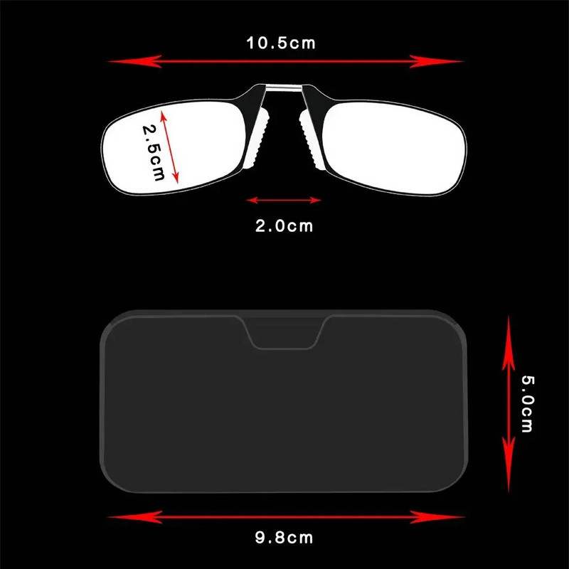 Orrclipes olvasószemüvegek halánték nélkül Férfi Tr90 Focus Plus Hordozható habosított orrszemüvegek Átlátszó szemüvegtok
